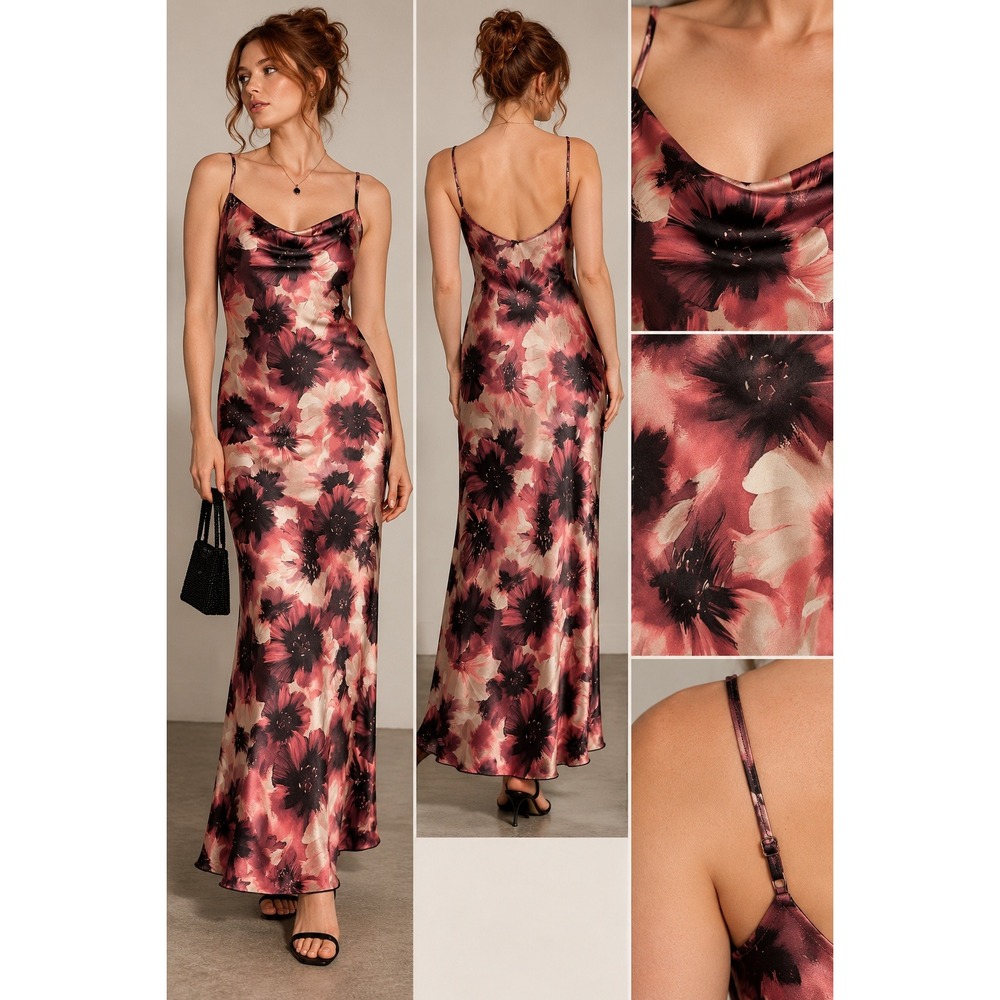 Bebe Slip Dress S Pink Floral Satin Cowl Neck Midi 90s Y2K Romantic Cocktail